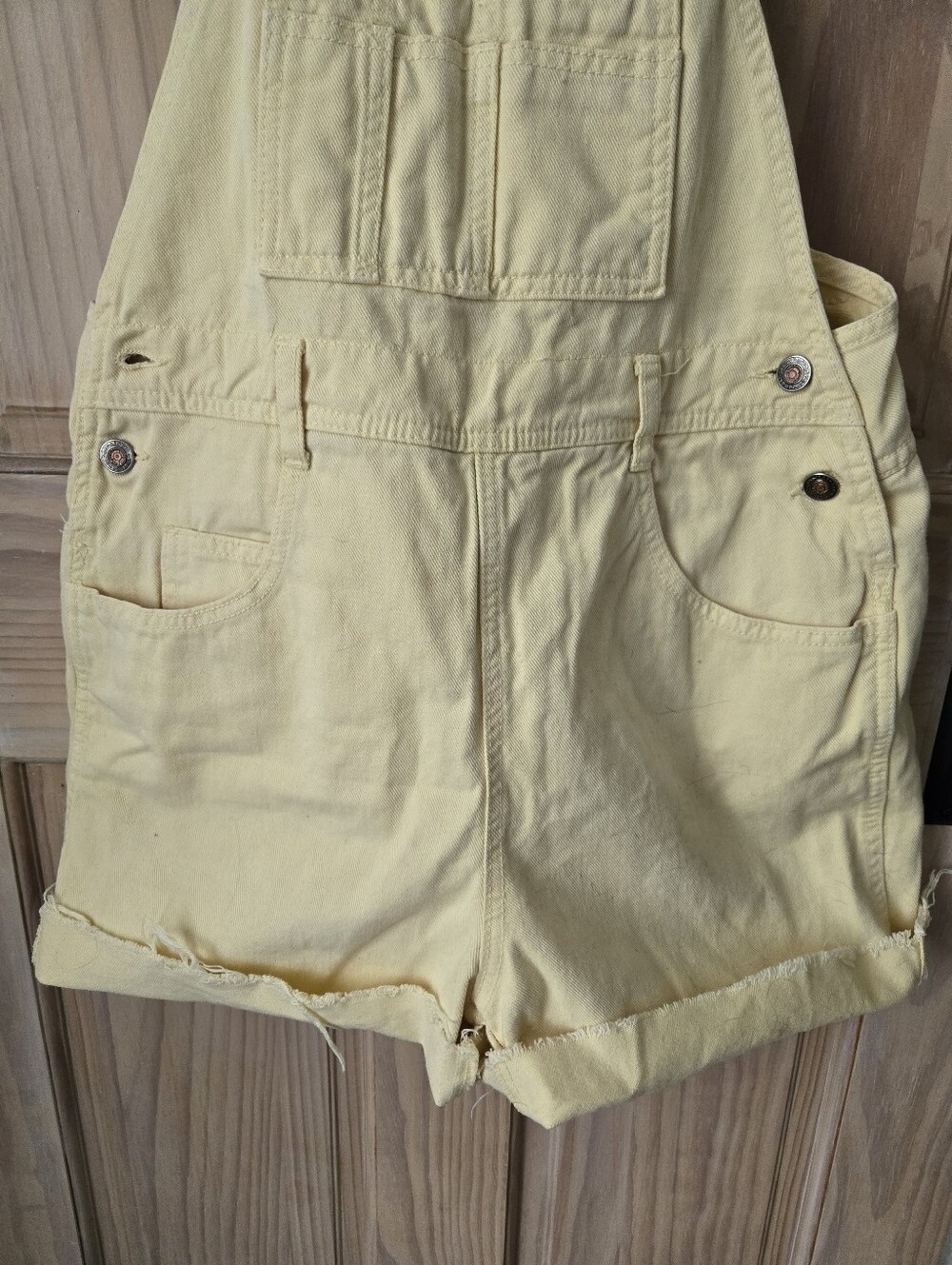 Vintage 90s Moda International Pastel Yellow Denim Shortalls Overalls Size Small - Picture 4 of 10